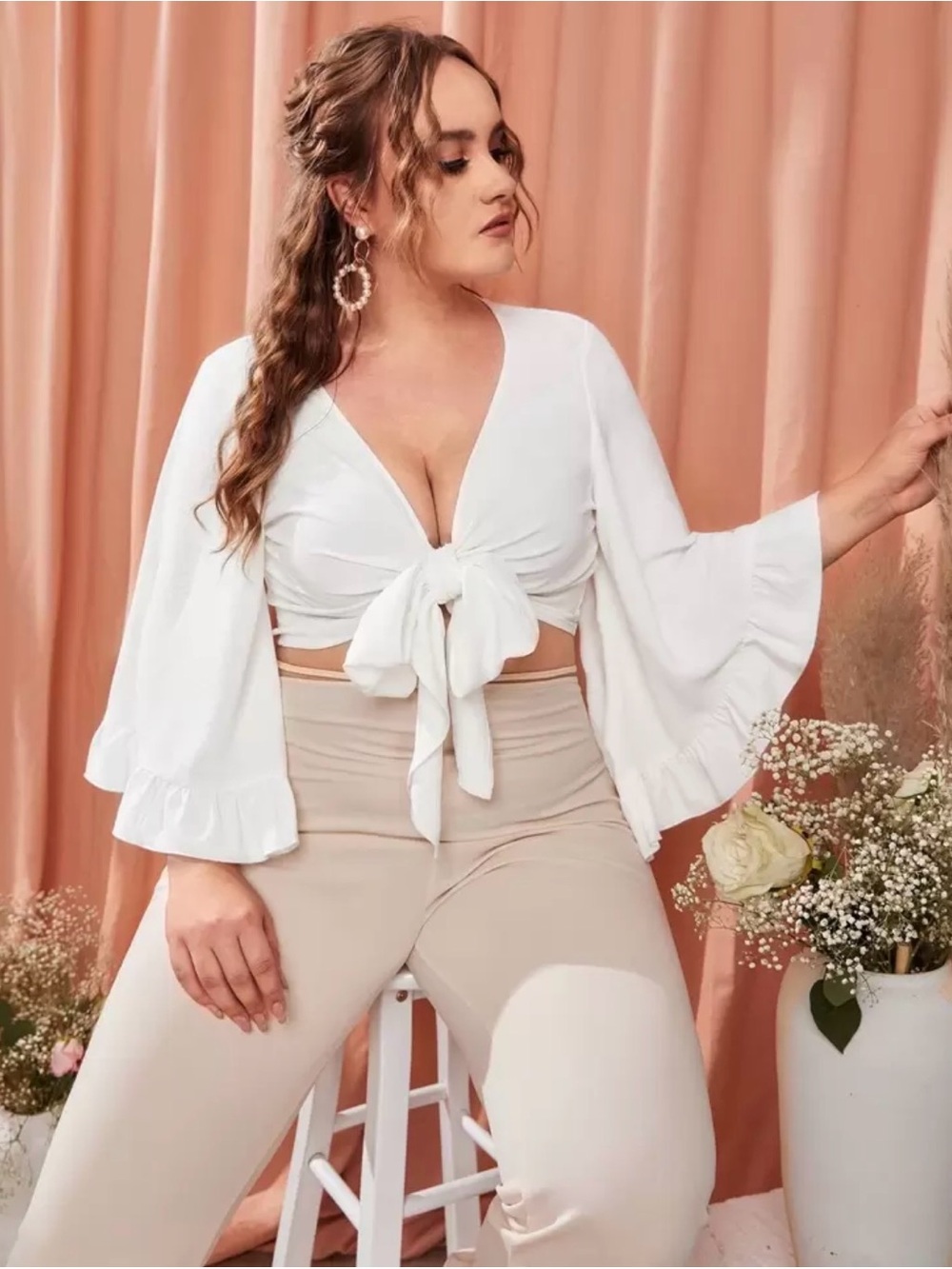 Plus size 16 ruffle romantic crop flowy tropical vacay sleeve tie front half top